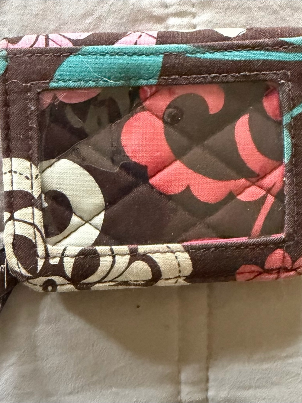 Vera Bradley Quilted Floral ID Wallet in Brown, Pink & Teal